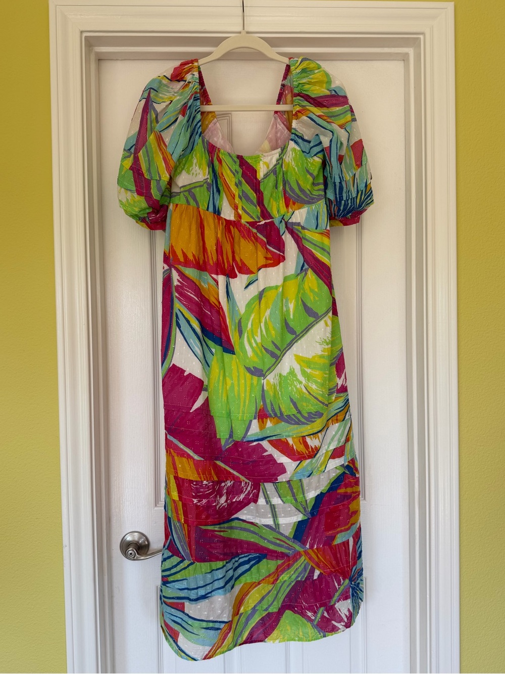 FARM Rio Pink, Lime, Blue & Yellow Puff Sleeve Midi Dress - Picture 3 of 7